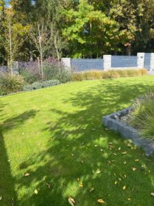 Ogród przydomowy wyłożony trawnikiem z rolki, trawa z rolki producent Zielone Marzenia